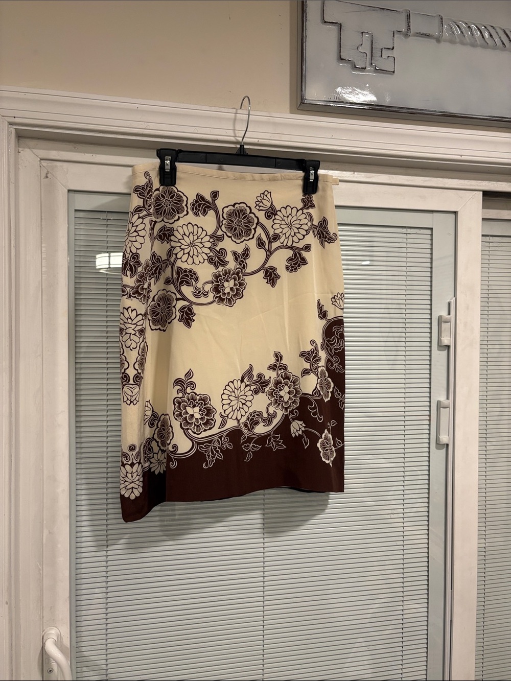 Casual Corner Cream and Brown Floral Border Midi Skirt